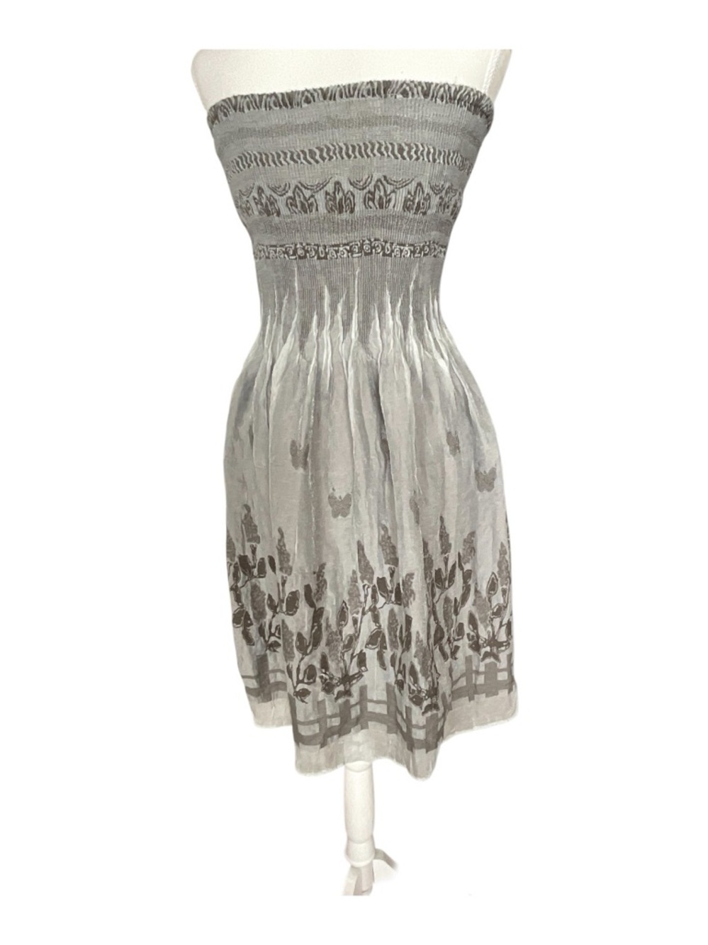 Strapless Smocked Tube Dress Grey Floral Boho Sundress OS - Picture 2 of 8